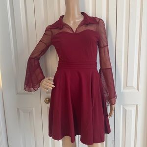 NWT Amazon Red Women Womens Dress Size Small. Sheer Bell Sleeves and Collar.
